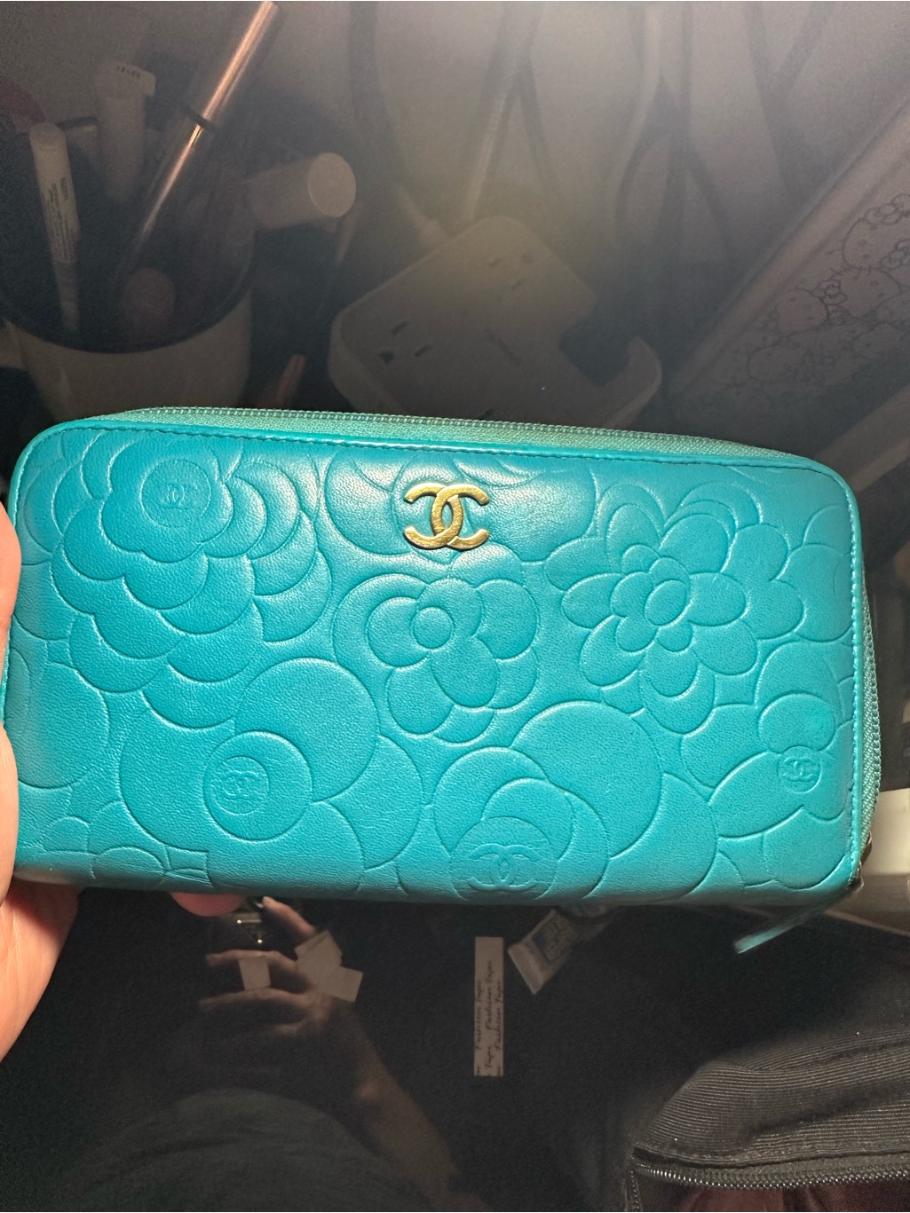 Chanel Quilted Camellia Zip Wallet In Turquoise